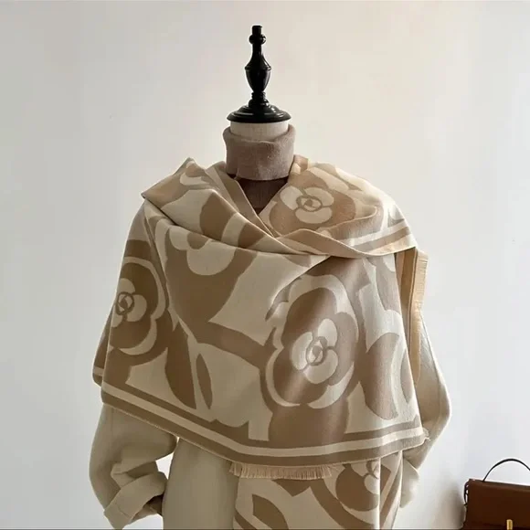 Elegant Camellia Black & White Scarf - Boho Chic, Large Square Shawl for Women - Picture 3 of 3